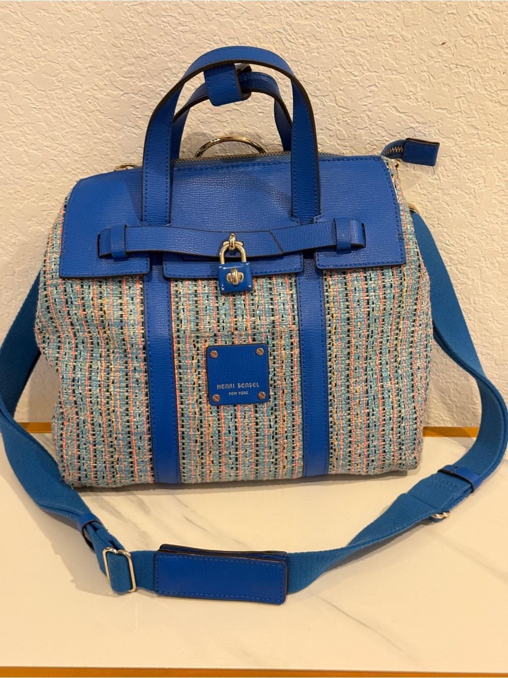 henri bendel Blue Tweed‎ Satchel with Bold Blue Trim